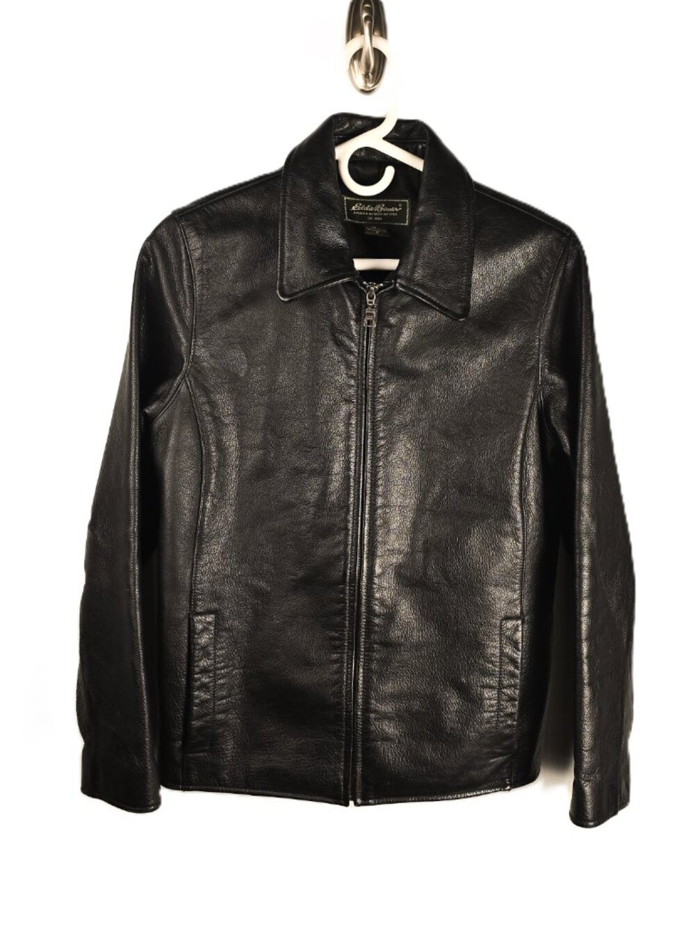 Eddie Bauer Women's Leather Jacket Size Small Black Long Sleeve Pockets Zipper